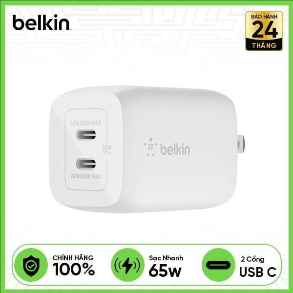 Củ Sạc Nhanh BELKIN 2 Cổng USB-C 65W PD 3.0 PPS GaN White (WCH013)