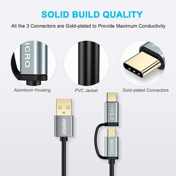 Dây Cáp CHOETECH 2in1 USB-A To USB-C + Micro 1.2m 15W