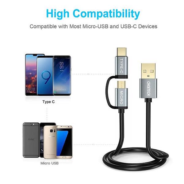 Dây Cáp CHOETECH 2in1 USB-A To USB-C + Micro 1.2m 15W