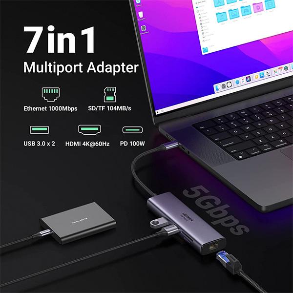 Cổng Chuyển UGREEN 7 IN 1 Type-C To HDMI+SD+TF+2*USB 3.0+RJ45