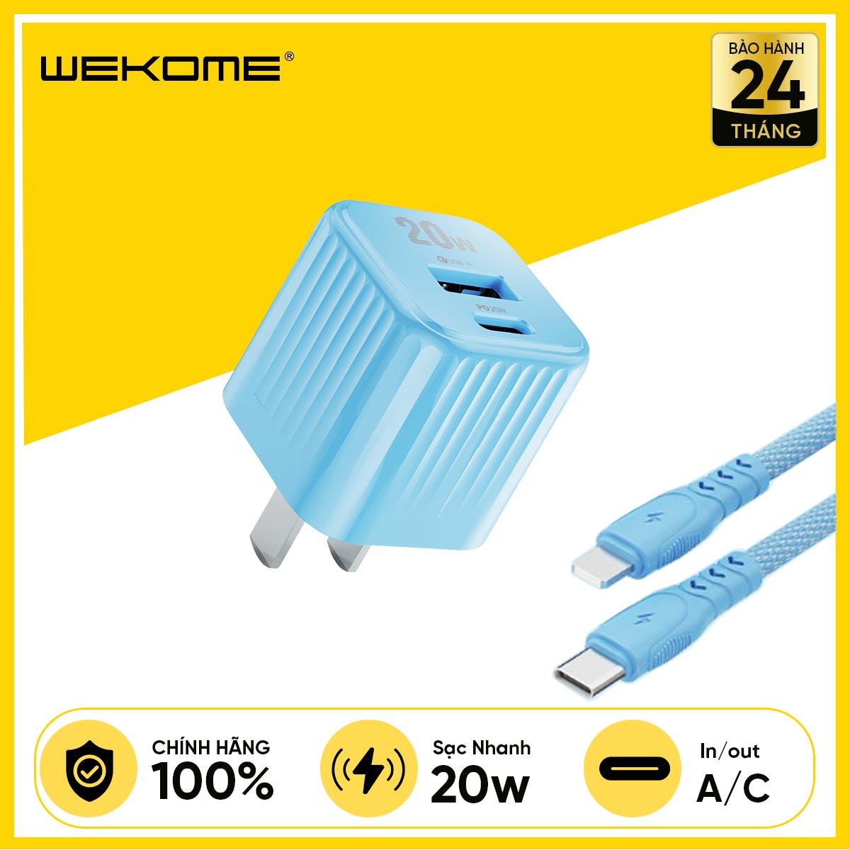 Bộ Sạc Kèm Cáp WEKOME WP-U129 PD20W Nhỏ Gọn, An Toàn (Củ Sạc 2 Cổng Output 1C/1A, Cáp C To Lightning Bọc Dù) Likenew - Fullbox