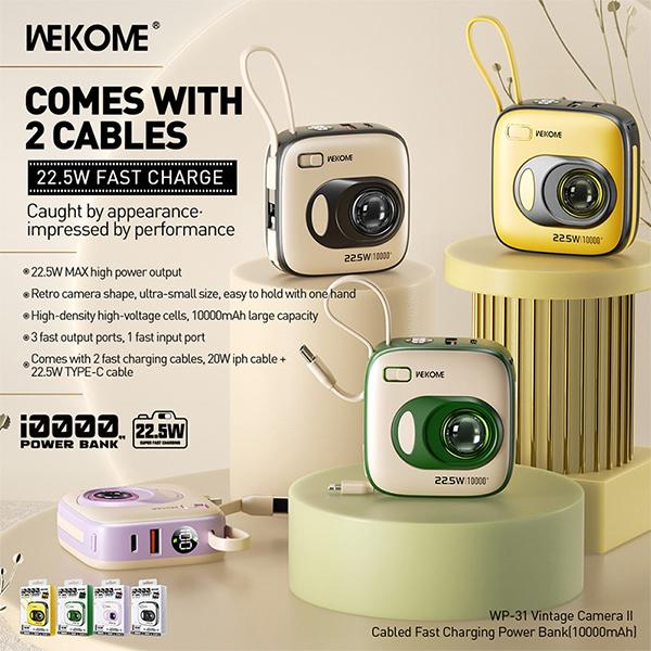 Pin Dự Phòng WEKOME WP-31 10.000mAh 22.5W Kèm Cáp Sạc Nhanh 2 trong 1 Thiết Kế Vintage