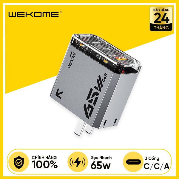 Củ Sạc Nhanh WEKOME WP-U156 Công Nghệ GaN 65W Có 3 Cổng Output 2C/1A, Chân Sạc Gập Gọn, Thiết Kế Trong Suốt