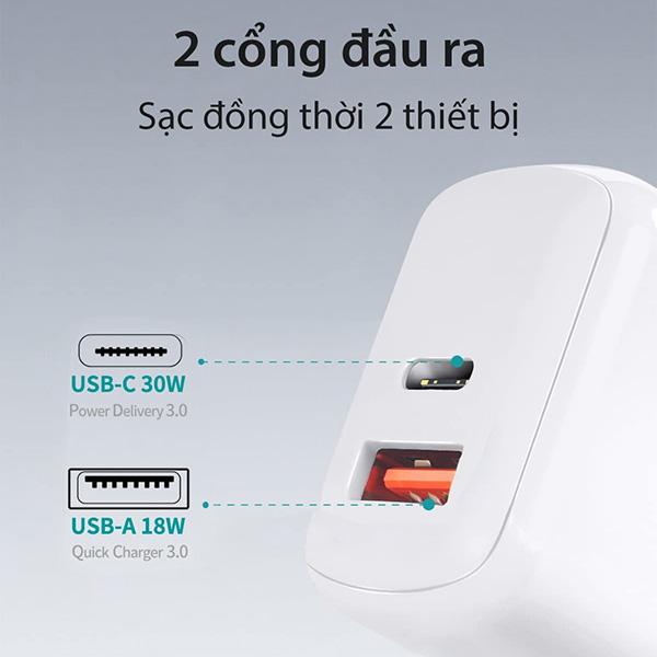 Củ sạc nhanh Bagi 2 cổng USB & Type-C PD 30W