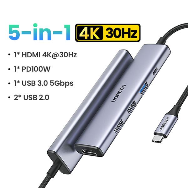 Cổng Chuyển UGREEN 5 IN 1 Type-C To HDMI 4K@30Hz PD100W 2xUSB 3.0 1xUSB 2.0