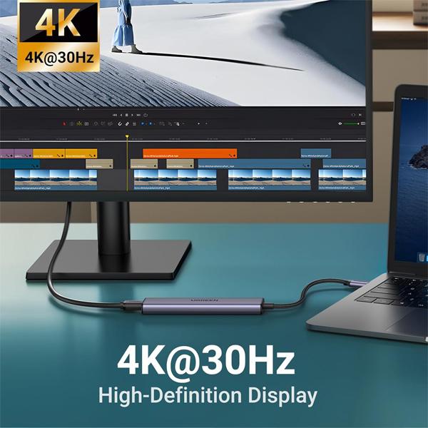 Cổng Chuyển UGREEN 5 IN 1 Type-C To HDMI 4K@30Hz PD100W 2xUSB 3.0 1xUSB 2.0