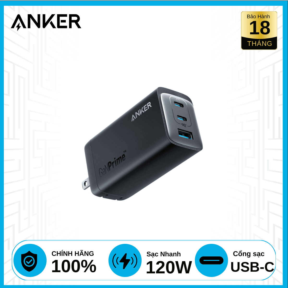 Củ Sạc Nhanh Anker A2148 737 3 Cổng GaNPrime 120W Chính Hãng