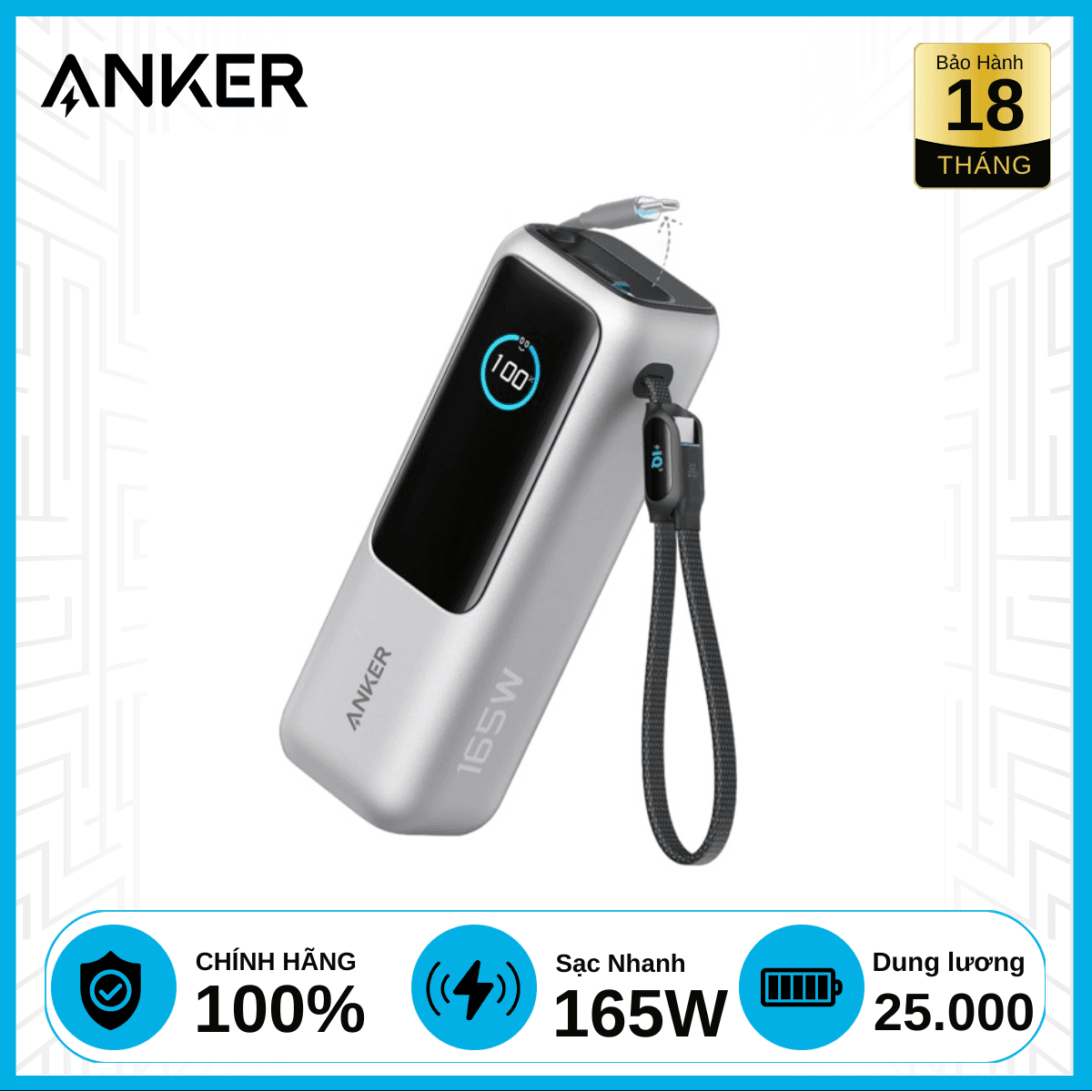 Pin sạc dự phòng Anker A1695 25.000mAh 165W chính hãng 