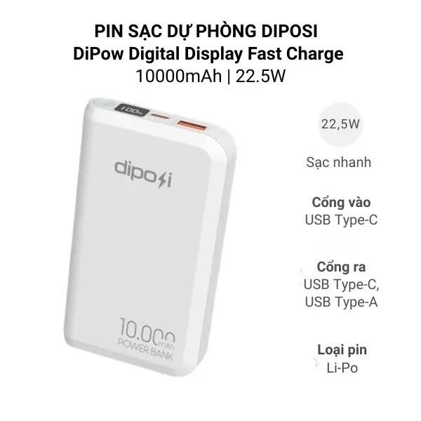 Pin Sạc Dự Phòng DIPOSI DiPow Digital Display 10000mAh Sạc Nhanh 22.5w PGK-01 Chính Hãng