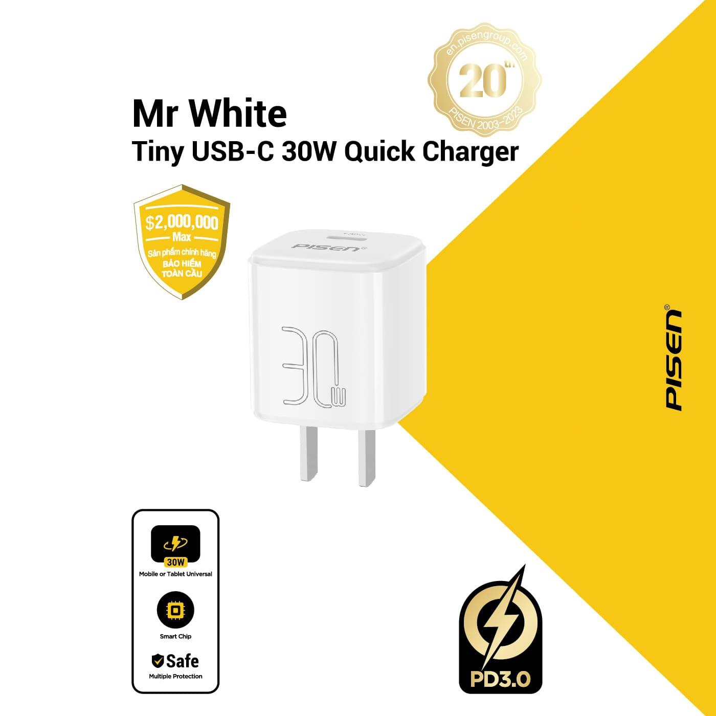 Củ Sạc Pisen Quick Mr White Tiny USB-C 30W Chính Hãng