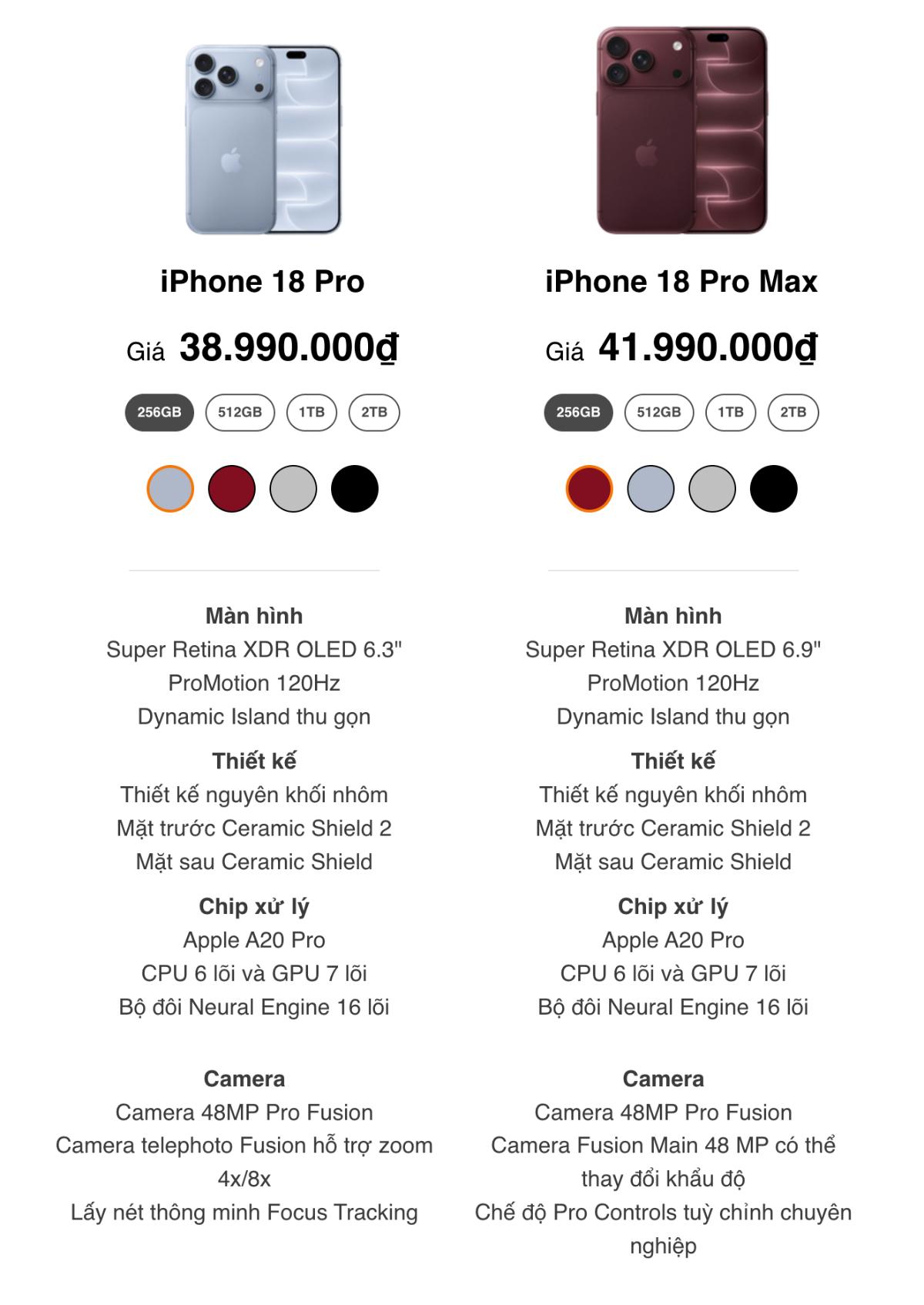 THÔNG SỐ KỸ THUẬT IPHONE 18 PRO | PRO MAX