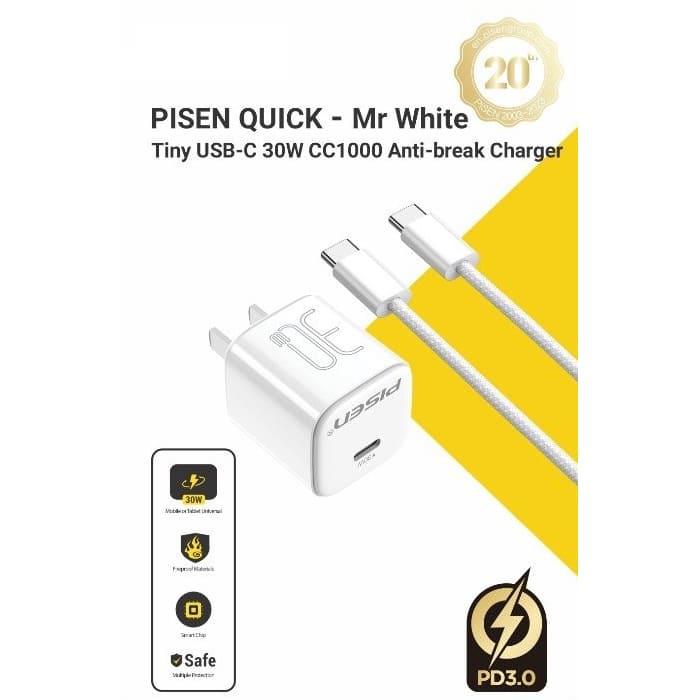Bộ Sạc Pisen Quick Mr White Tiny USB-C 30W C To C C1000 Anti-Break Charger Chính Hãng